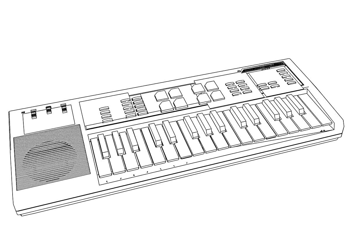 Раскраска Электронный синтезатор с клавишами, динамиком и кнопками управления