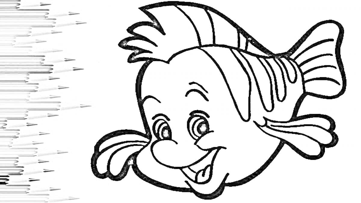 Раскраска Раскраска со смешным мультяшным рыбком Флаундером и карандашами