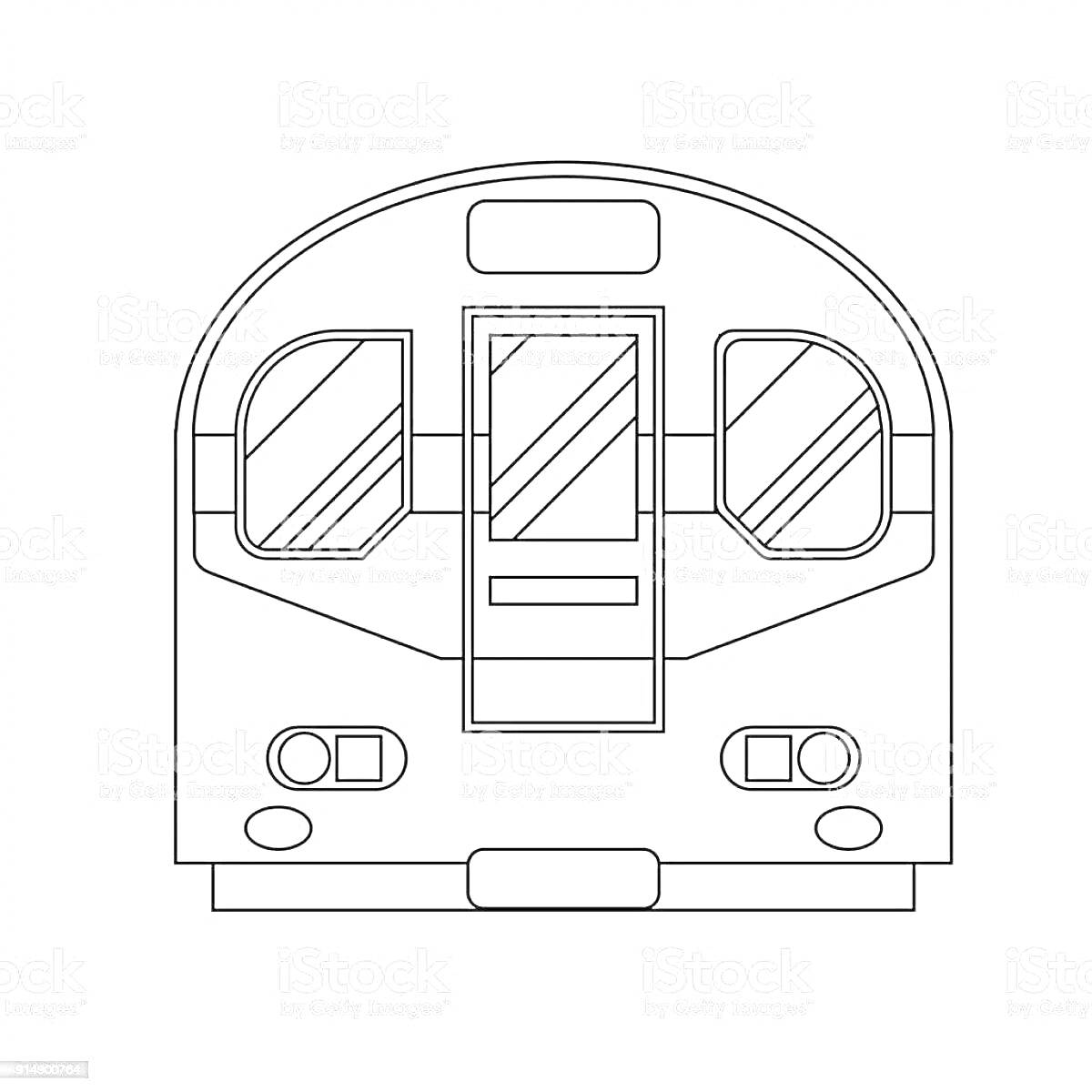 Раскраска Изображение передней части вагона метро с дверью, окнами и фарами