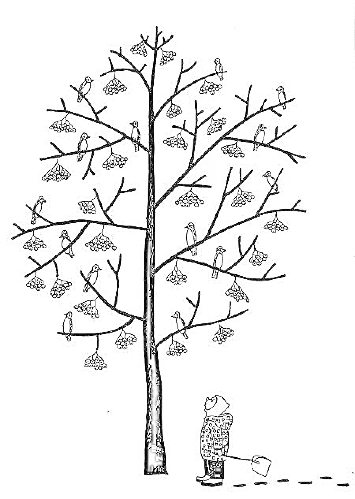 Раскраска Большое дерево с птицами зимой и человек с санками