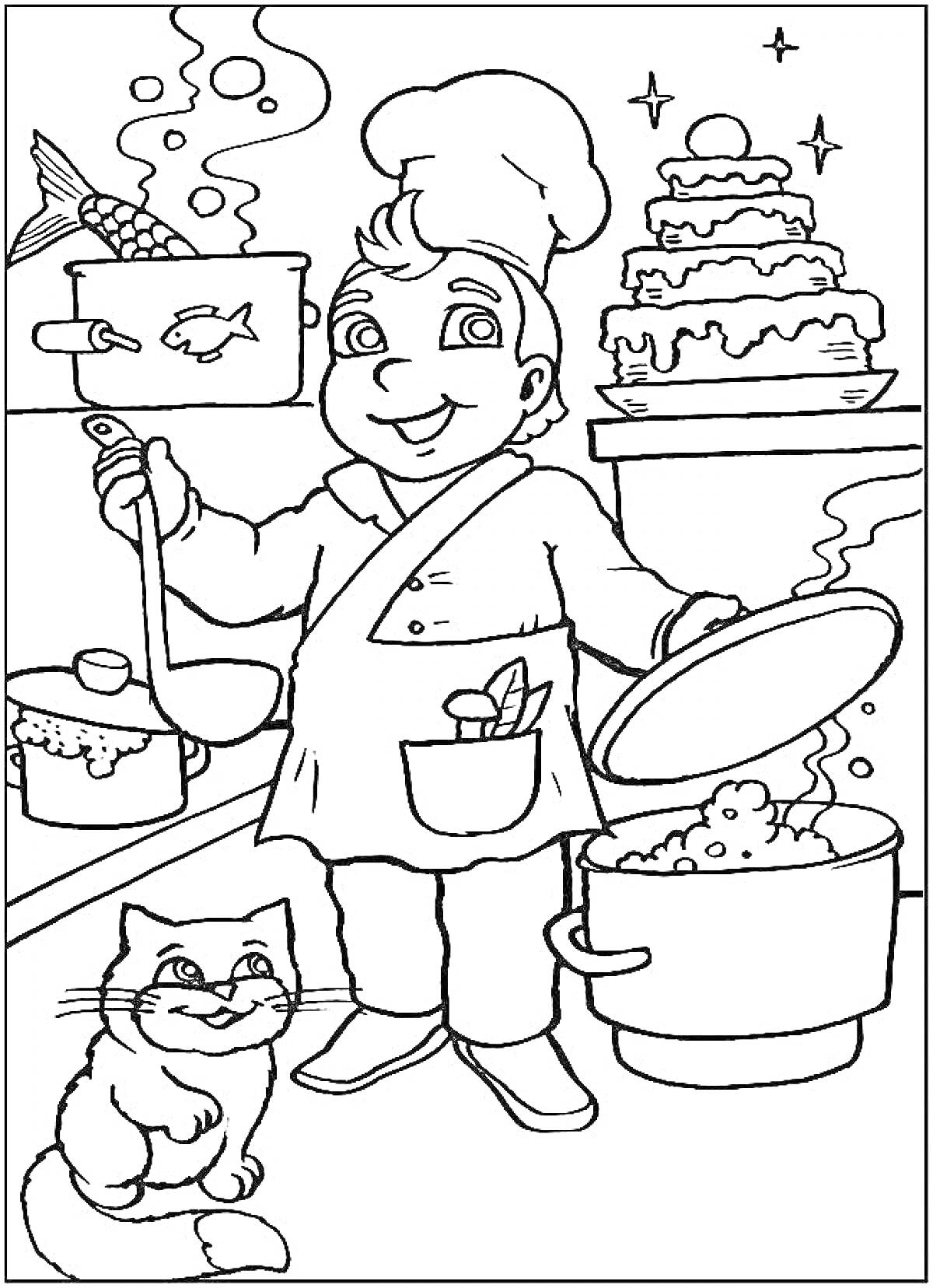 Раскраска Повара на кухне, рядом с ними кот, кастрюли с едой и торт на фоне.