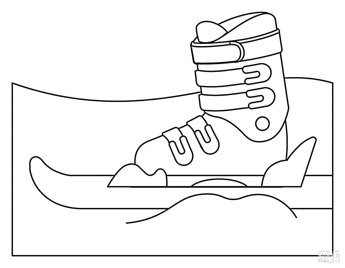 Раскраска Лыжный ботинок на лыже на горнолыжном склоне