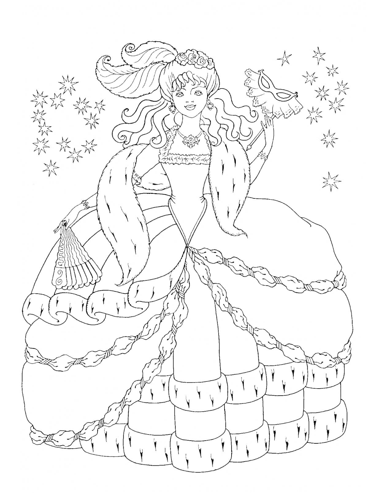 На раскраске изображено: Принцесса, Вечернее платье, Меховая накидка, Маска, Веер, Звезды, Девочка, Карнавал, Мода