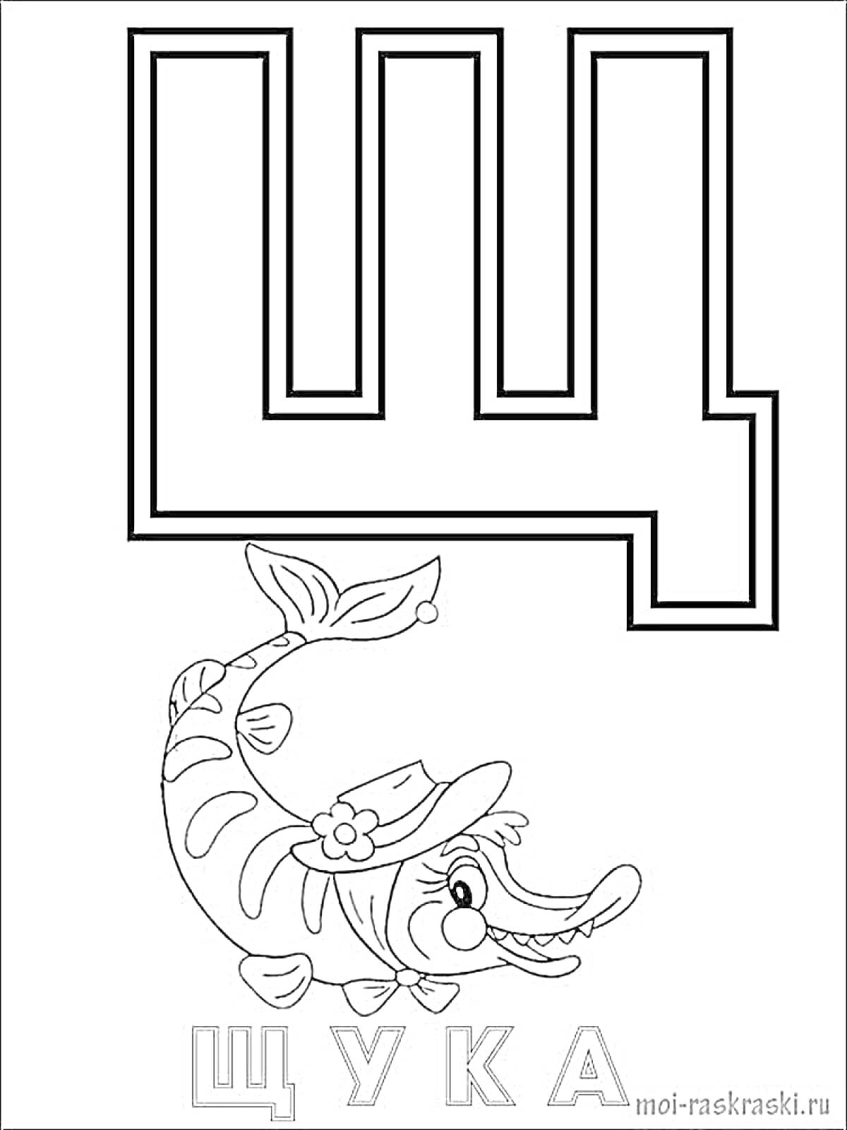На раскраске изображено: Буквы, Алфавит, Щука, Рыба, Шляпа, Обучение, Для детей, Цветы