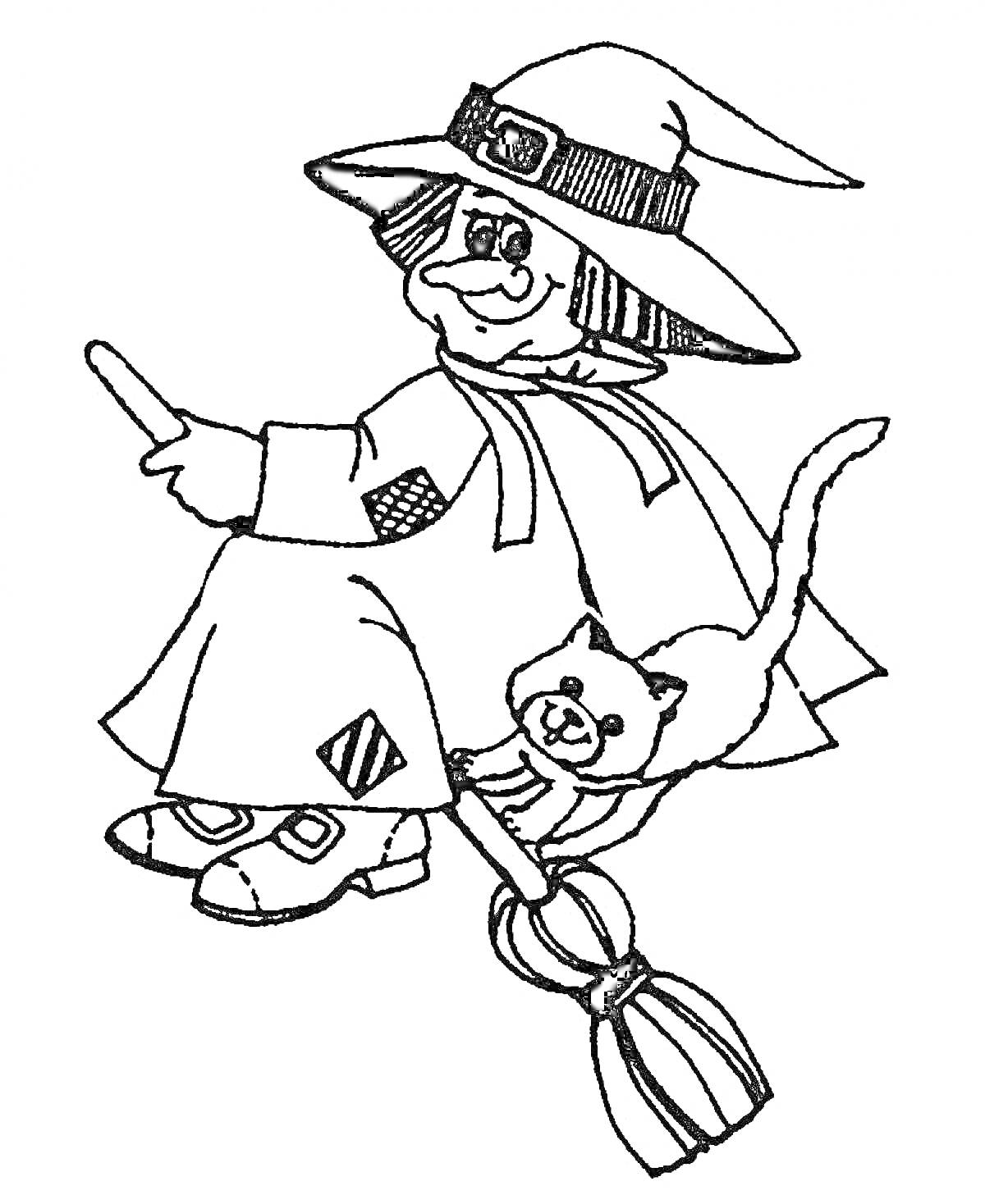 Раскраска Ведьма с кошкой на метле