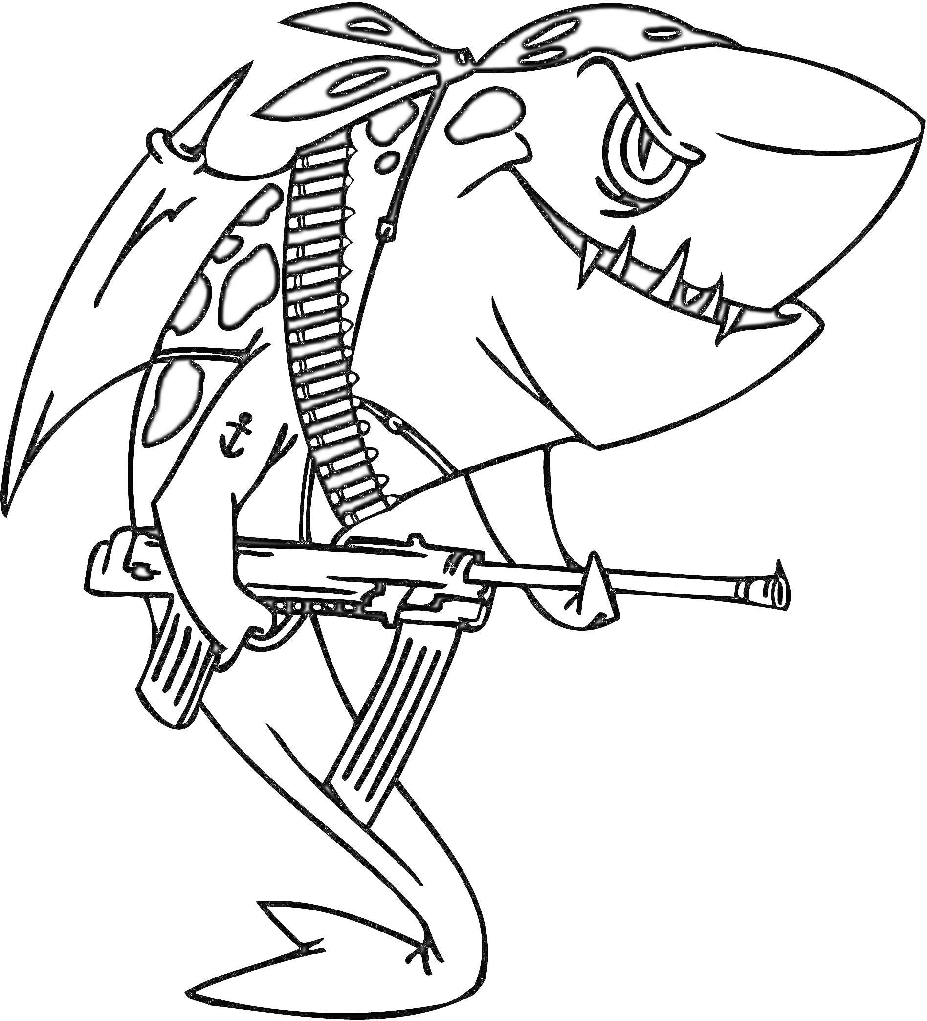Раскраска Акула-солдат с автоматом и патронташом, с повязкой на голове и татуировкой якоря на руке