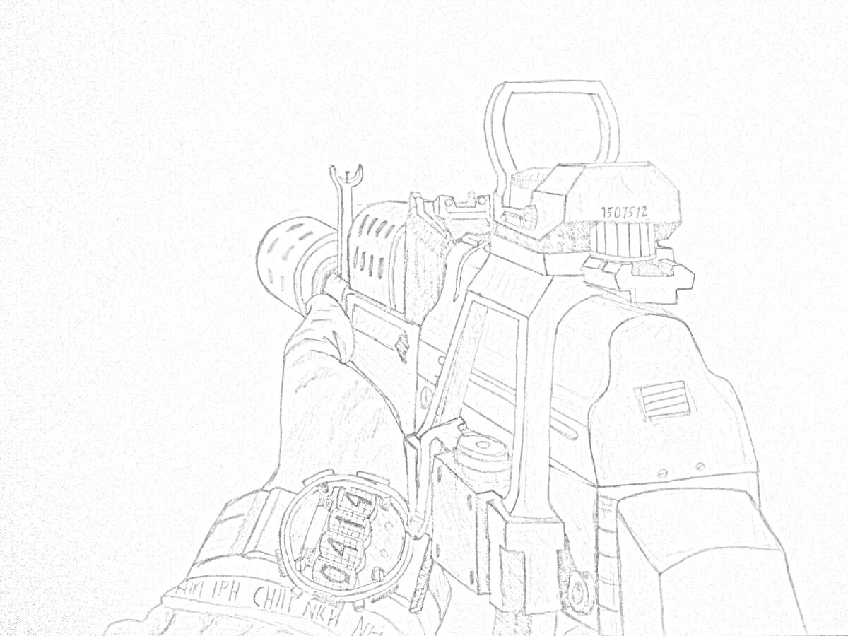 Раскраска Вооруженный персонаж в защитной экипировке с винтовкой, вид со спины