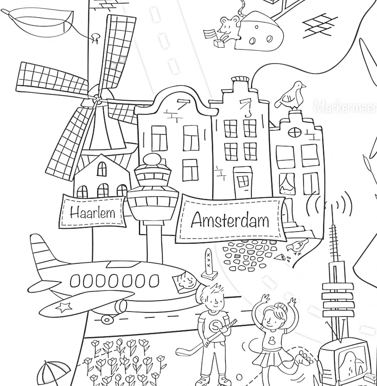 Раскраска Голландия: мельница, тюльпаны, велосипед, аэропорт, футбольная мяч, указатели 