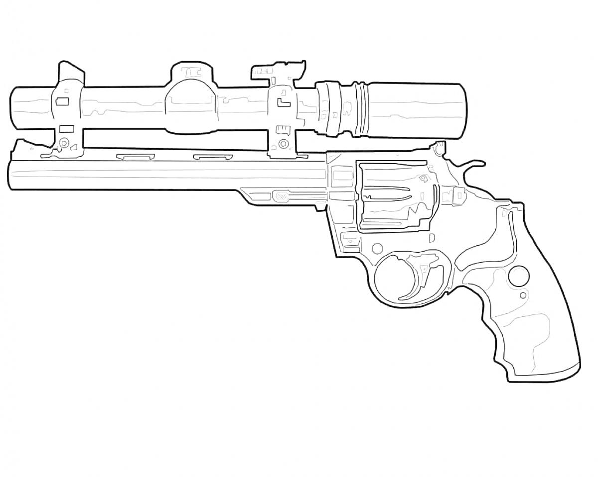 На раскраске изображено: Оружие, Револьвер, Пистолет, Прицел