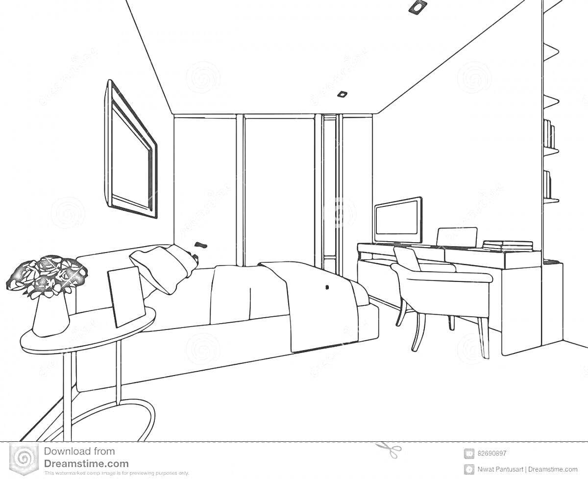 Раскраска Спальня с кроватью, цветочным горшком, столом, стульями и телевизором