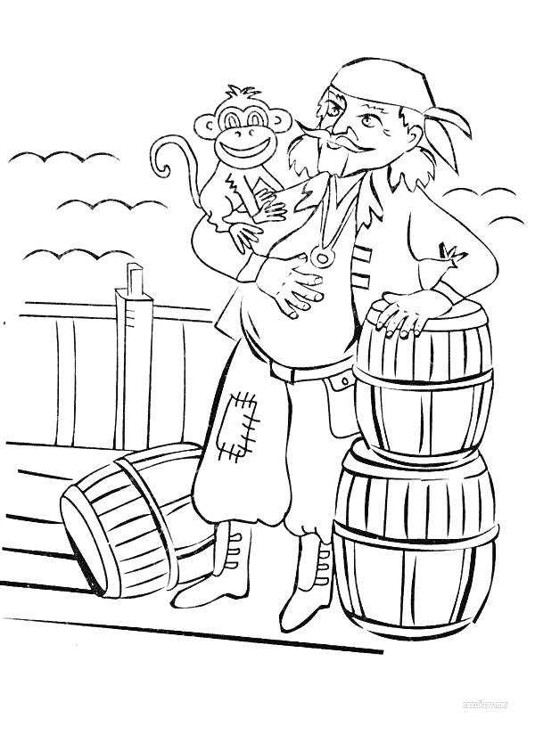 На раскраске изображено: Корабль, Бочка, Моряк, Море, Приключения, Обезьяны, Пираты