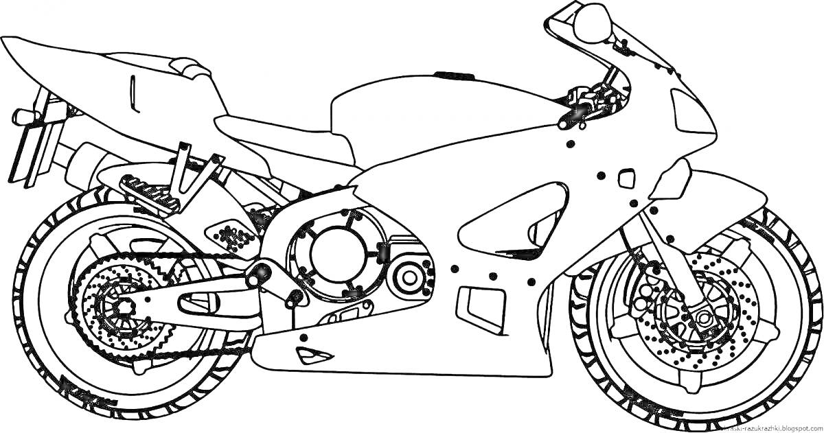 Раскраска Спортивный мотоцикл с ветровым щитком, выхлопной трубой, цепью, амортизатором и сиденьем
