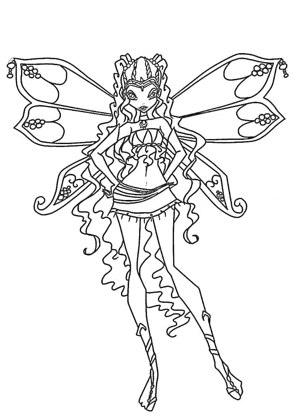 Раскраска Фея с длинными волосами в форме энчантикс с крыльями и юбкой