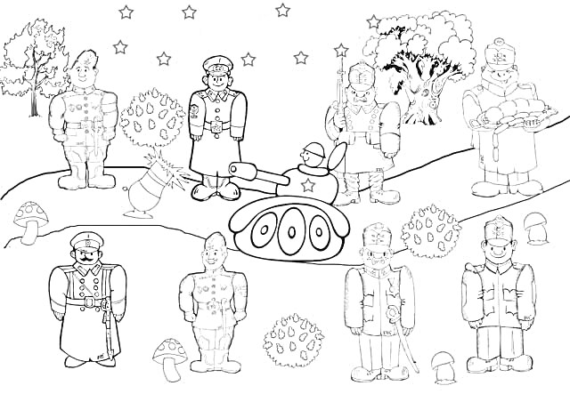 РаскраскаСолдаты в лесу с пушкой, танком, деревьями, звездами и грибами