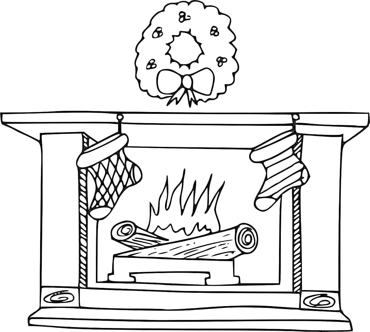 На раскраске изображено: Камин, Рождество, Венок, Носки, Дрова, Огонь, Декор, Новый год