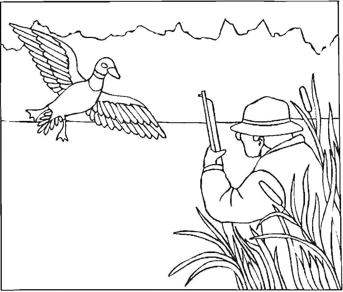 Раскраска охотник с ружьем в высокой траве целится в пролетающую утку на фоне леса