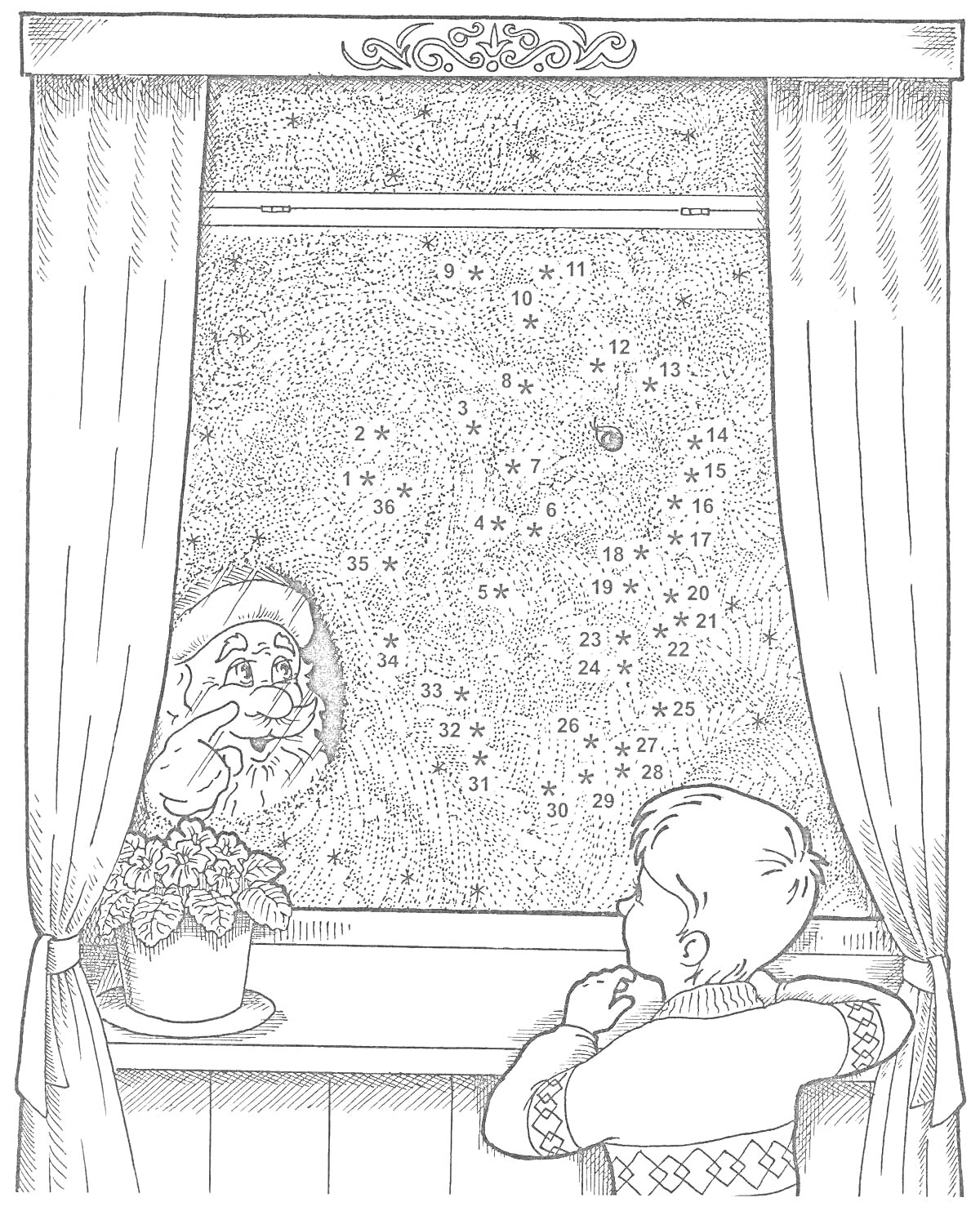 Раскраска Дед Мороз и мальчик, стоящие перед окном с морозными узорами на стекле и горшком с цветком на подоконнике