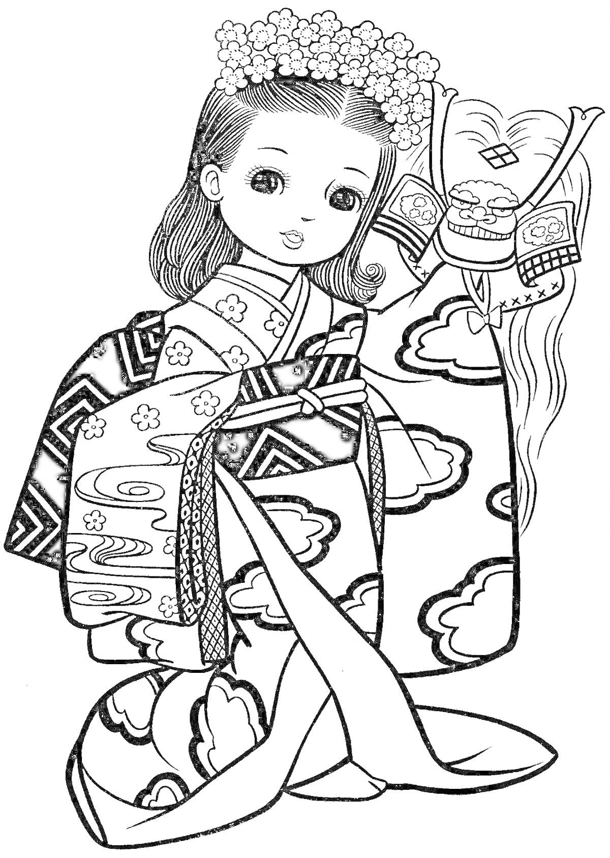 На раскраске изображено: Девочка, Кимоно, Цветочная корона, Бант, Цветы, Облака, Традиционная одежда
