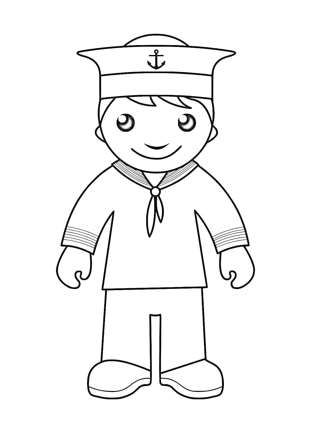Раскраска Мальчик-солдат в морской форме с бескозыркой и галстуком