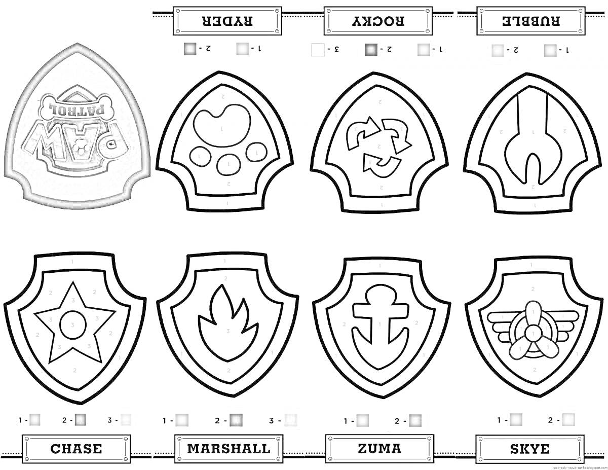 На раскраске изображено: Щенячий Патруль, Переработка, Гаечный ключ, Огонь, Крылья, Для детей, Звезды, Герб России, Лапы, Якоря