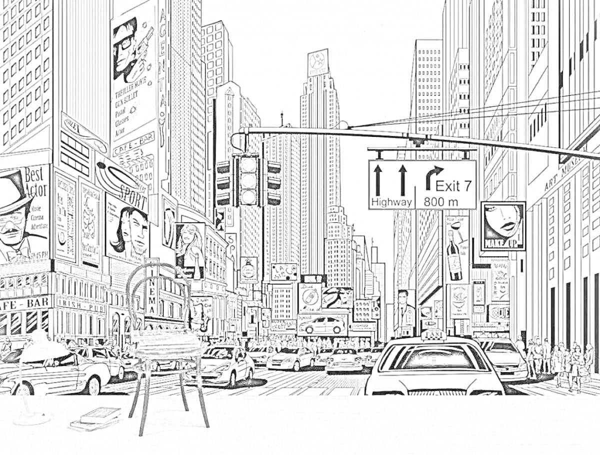 На раскраске изображено: Токио, Небоскребы, Дорожные знаки, Стул, Городская жизнь, Архитектура, Транспорт