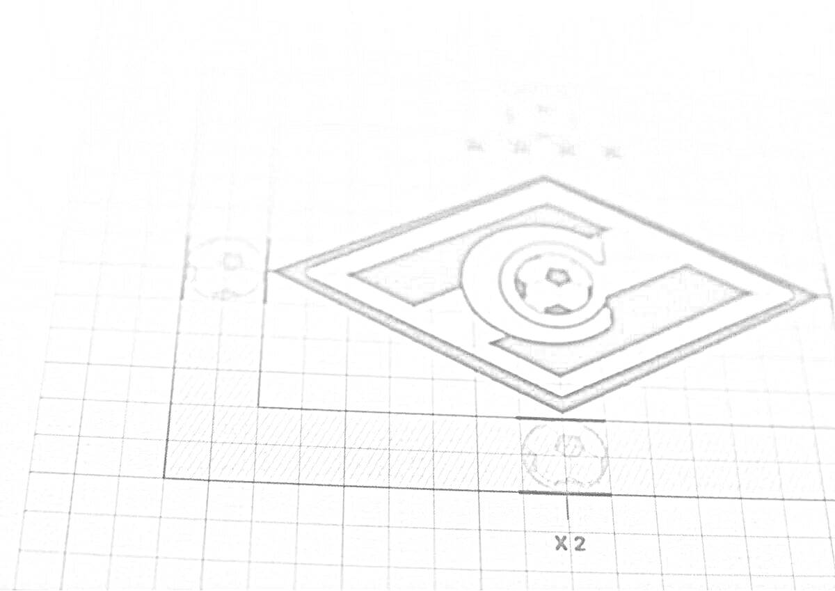 Раскраска Эмблема ФК Спартак Москва, нарисованная на клетчатой бумаге, с футбольными мячами по углам