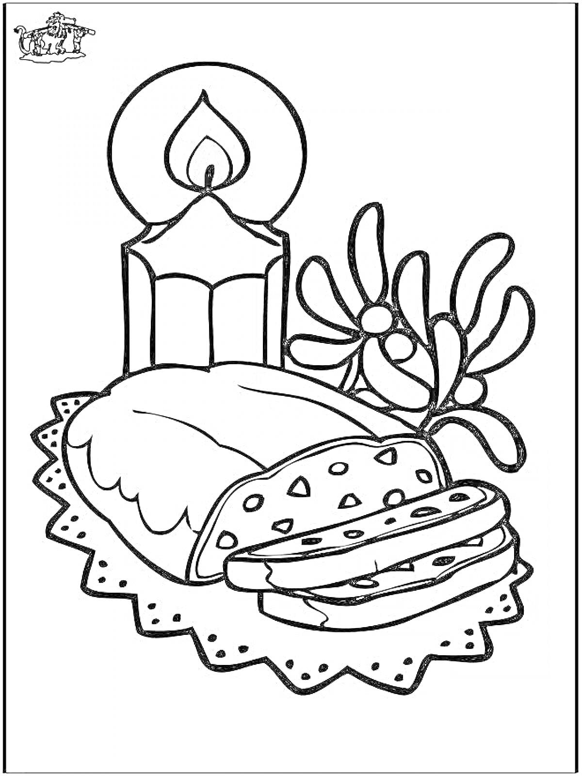 На раскраске изображено: Хлеб, Ломтики, Салфетка, Свечи, Цветы