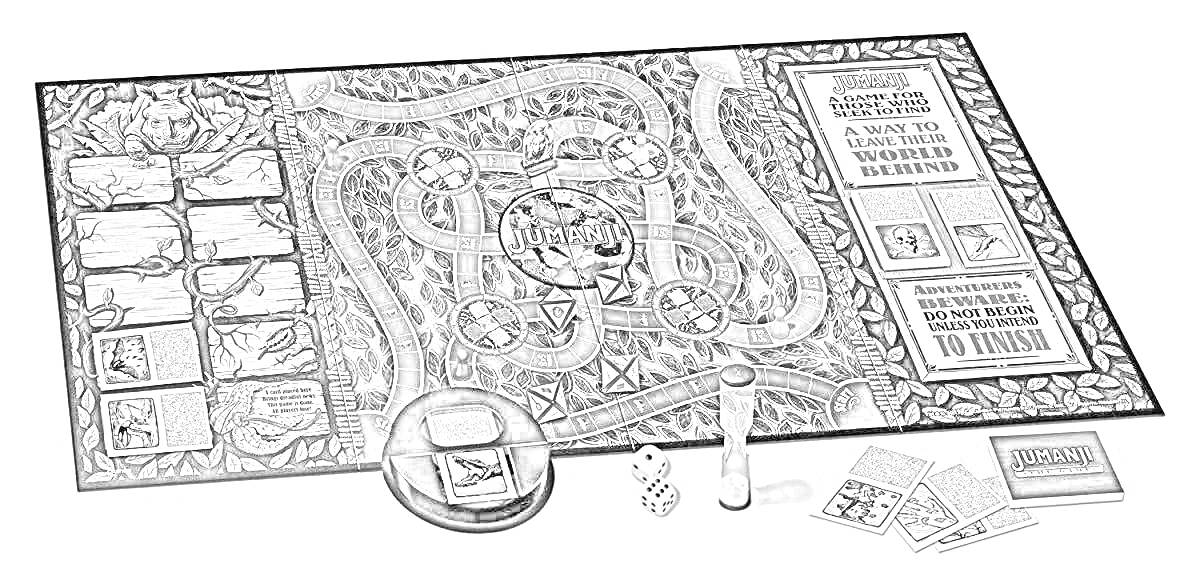 Раскраска Игра Jumanji с игровым полем, фишками, картами, песочными часами, кубиками и инструкцией