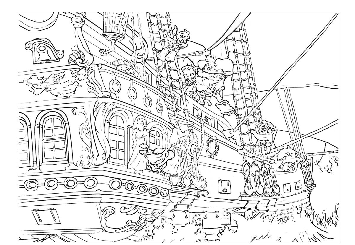 На раскраске изображено: Антистресс, Корабль, Декор, Окна, Канаты, Паруса, Море
