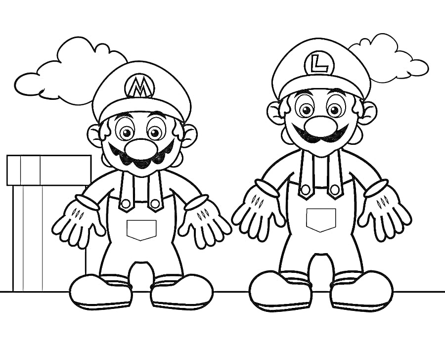 Два персонажа в комбинезонах с буквами M и L на шапках, облака, труба