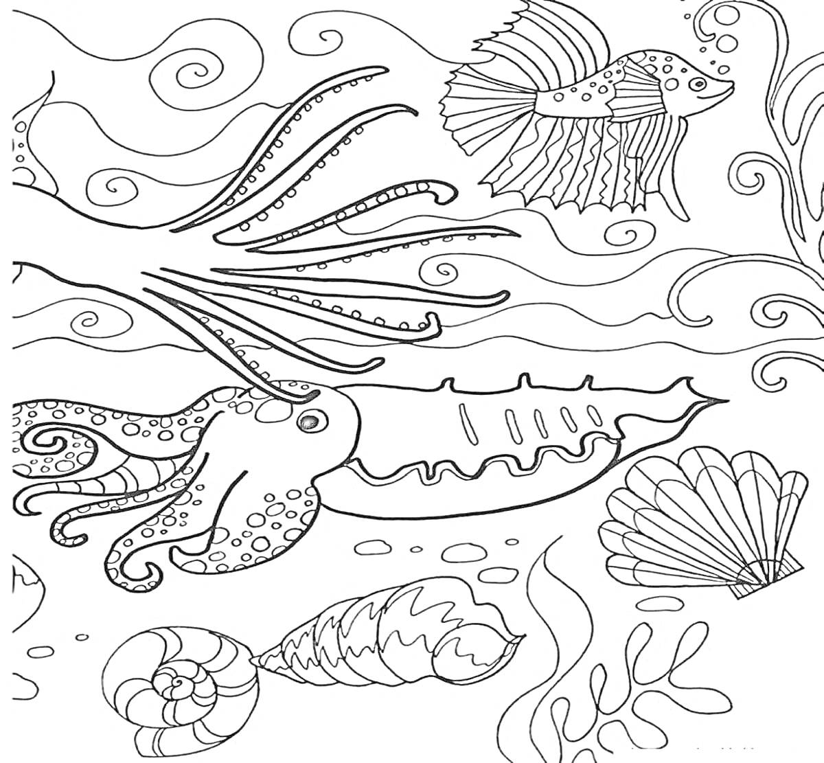 На раскраске изображено: Кальмар, Рыба, Пузыри, Подводный мир, Ракушка, Океаны, Морские животные