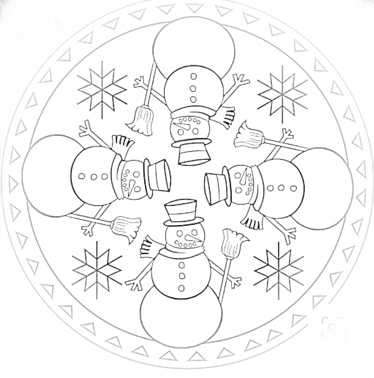 На раскраске изображено: Снеговики, Метелка, Снежинки, Круглая рамка
