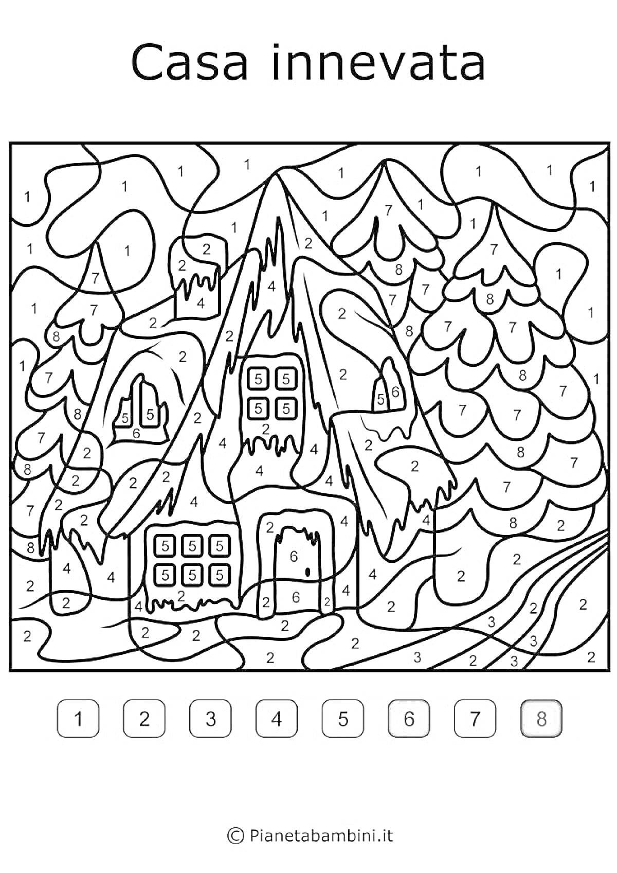 Раскраска Снежный дом с елками и горами