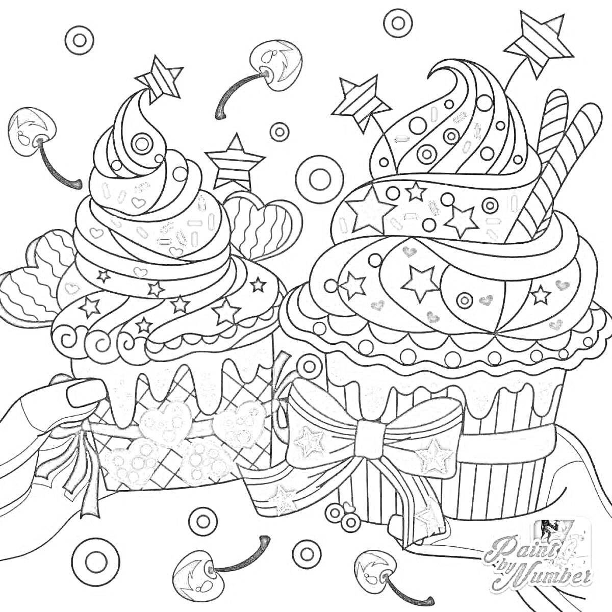 Раскраска Капкейки с декоративной глазурью, сердечками, звёздами и ленточками