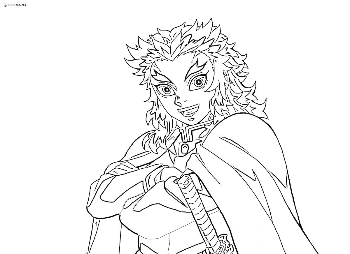 Раскраска Аниме персонаж с пышными волосами, в плаще и с мечом