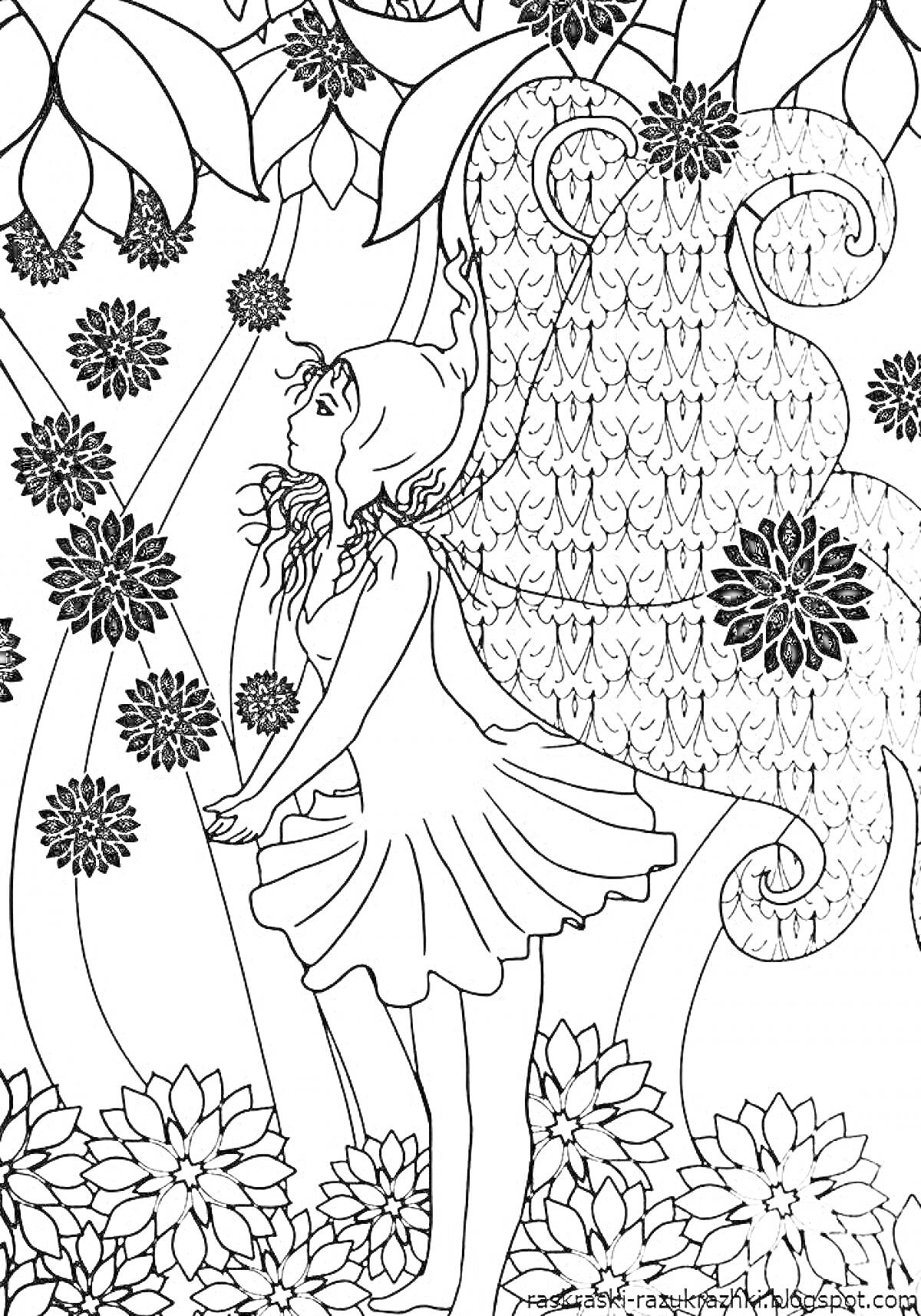 Раскраска Фея среди цветов с крупными крыльями и шляпкой, окруженная большими и маленькими цветами и извивающимися растениями