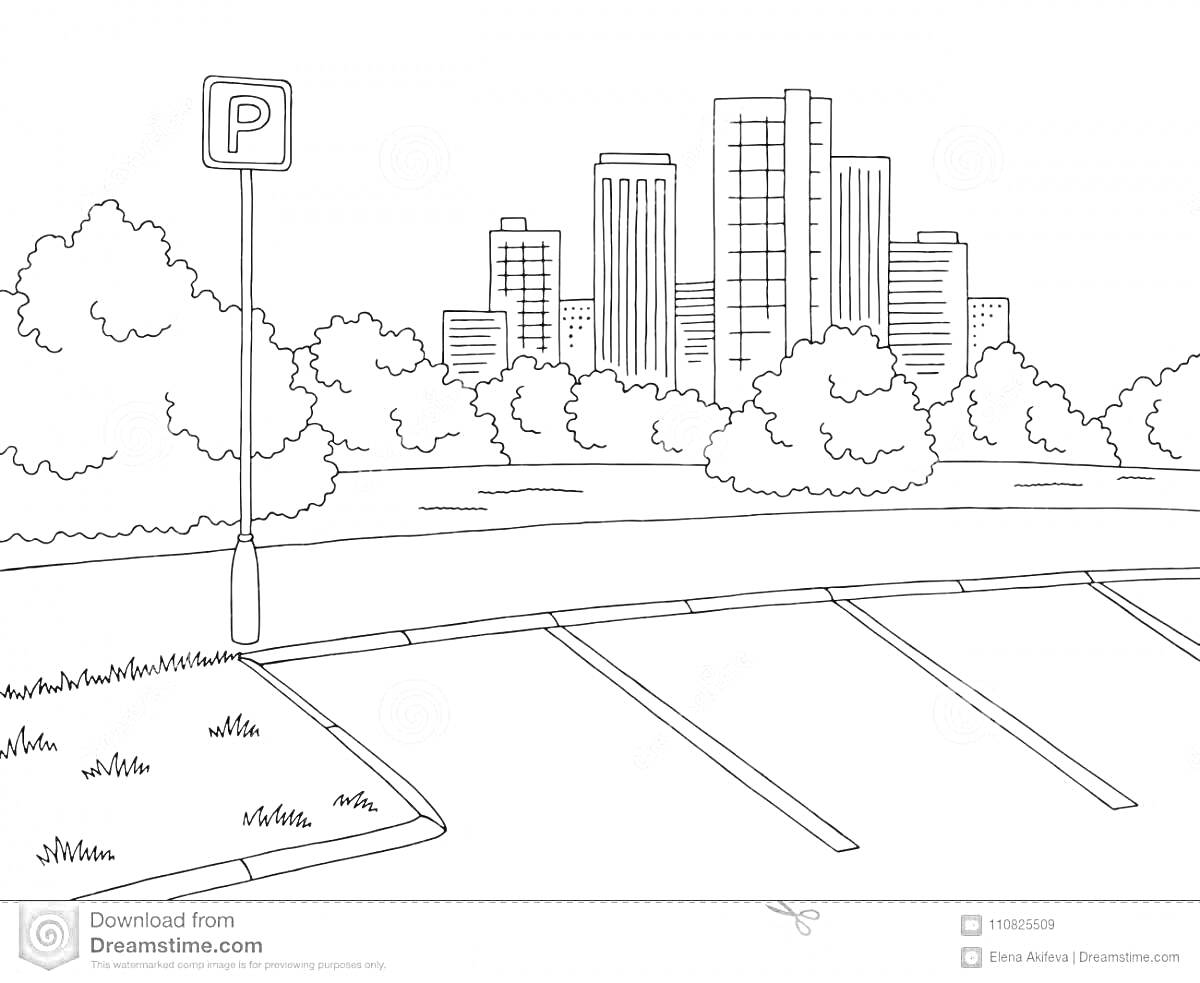 Раскраска парковка с парковочным знаком, кустами и зданиями на заднем плане