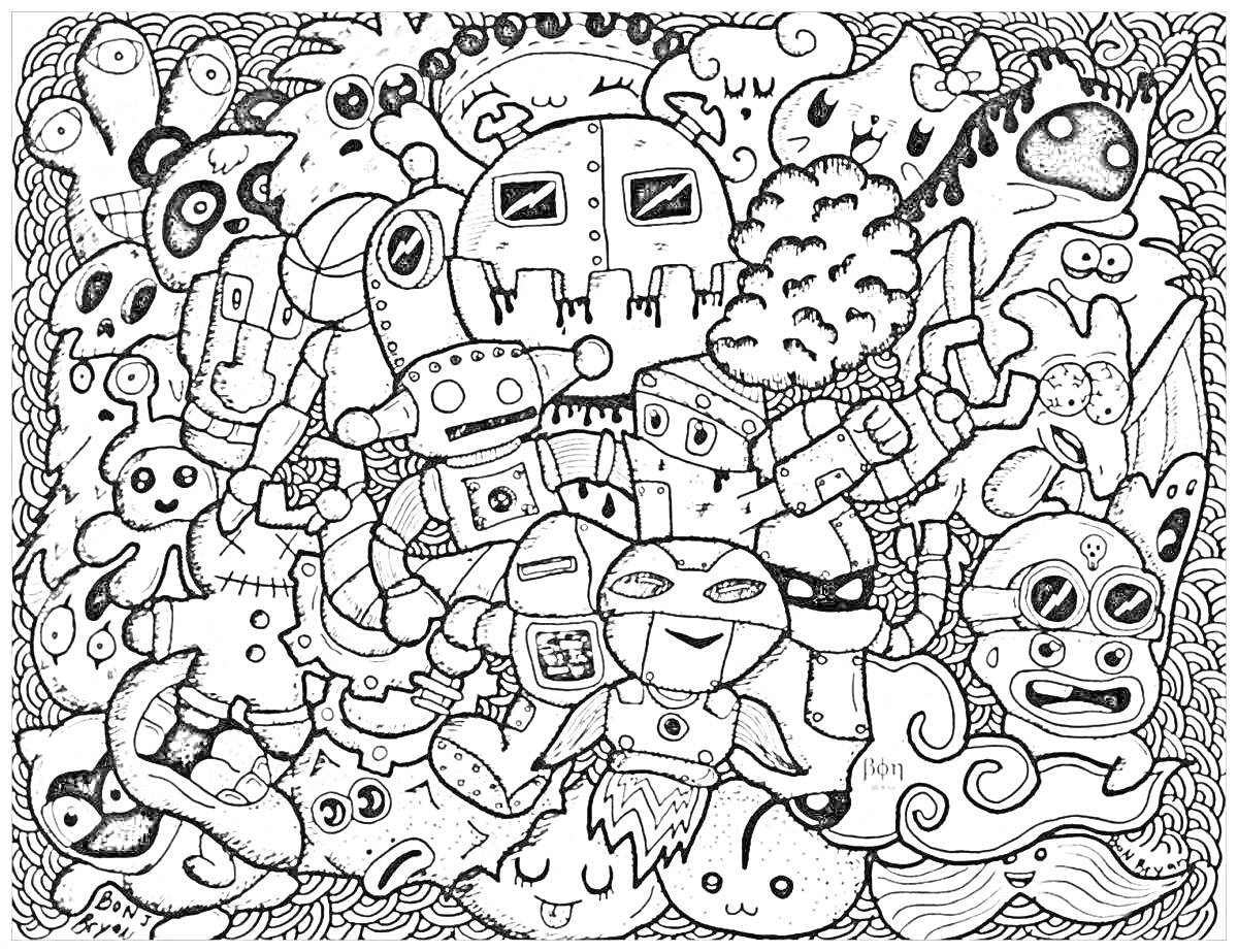 Раскраска Роботы, облако с лицом, стрела, глаза, ракета, рыба, кот с ушами, дерево, молния на ногах, усы, зубастый цветок.