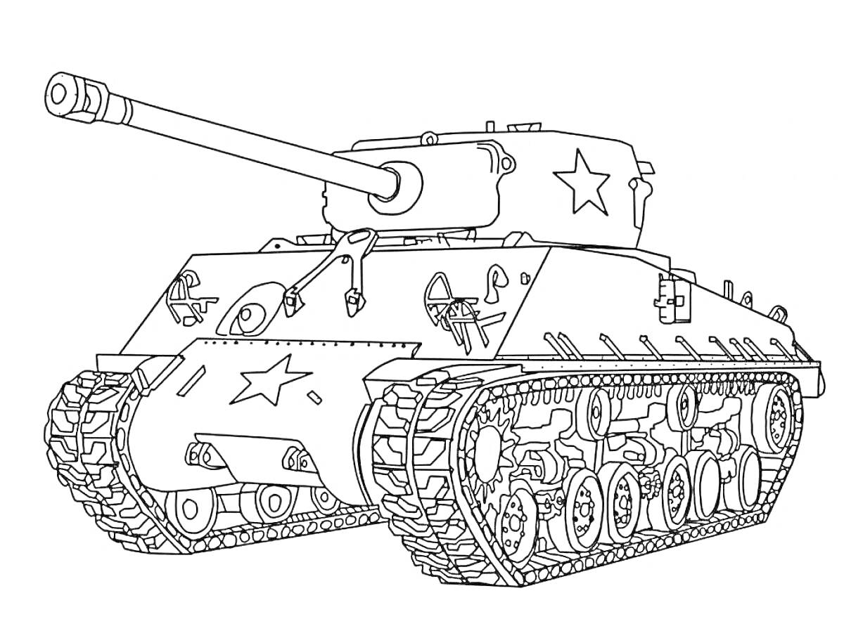 Раскраска Танк с пушкой и звездой, гусеницы, детали корпуса