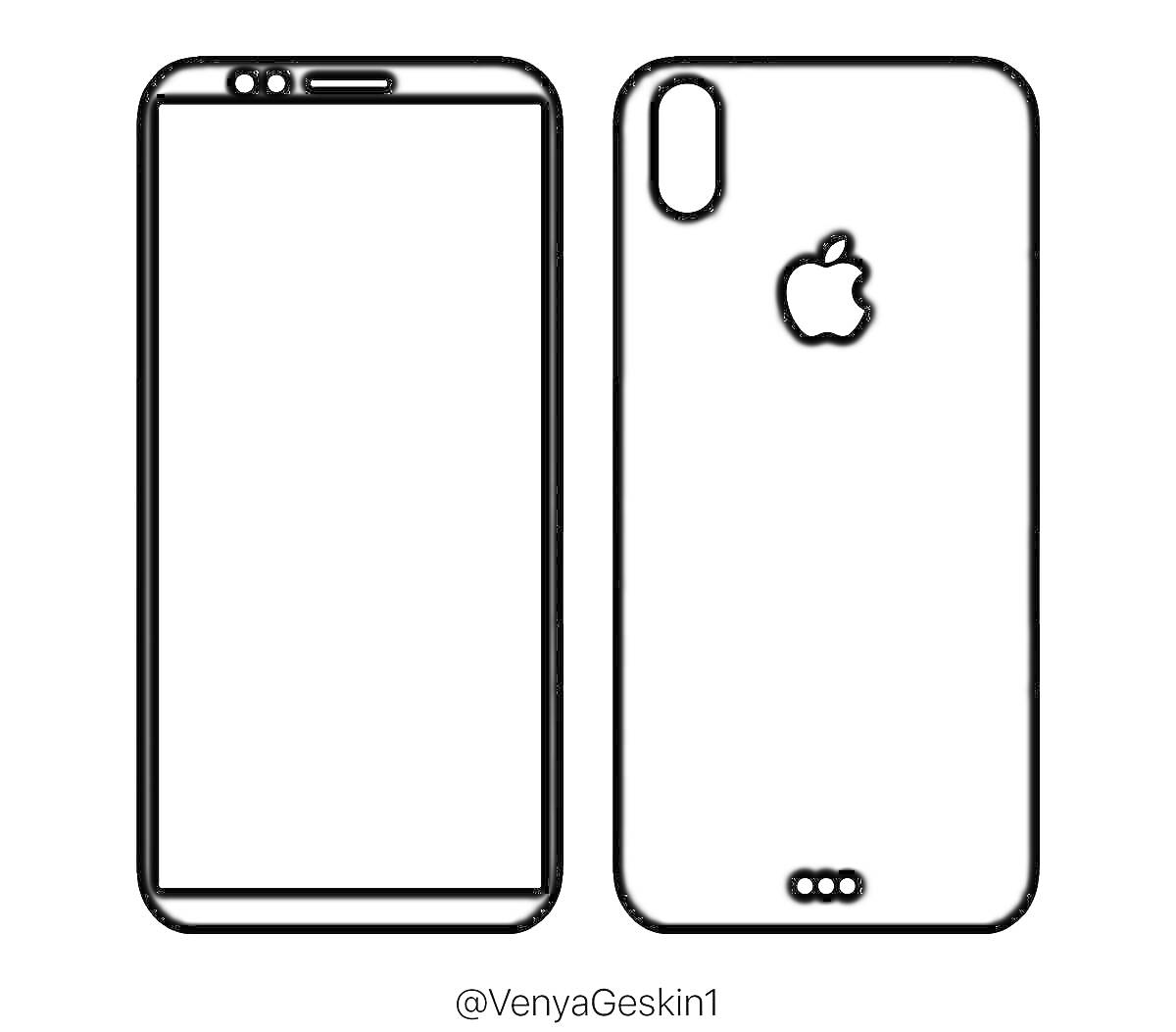 Раскраска iPhone 14 с передней и задней панелями, кнопками и логотипом