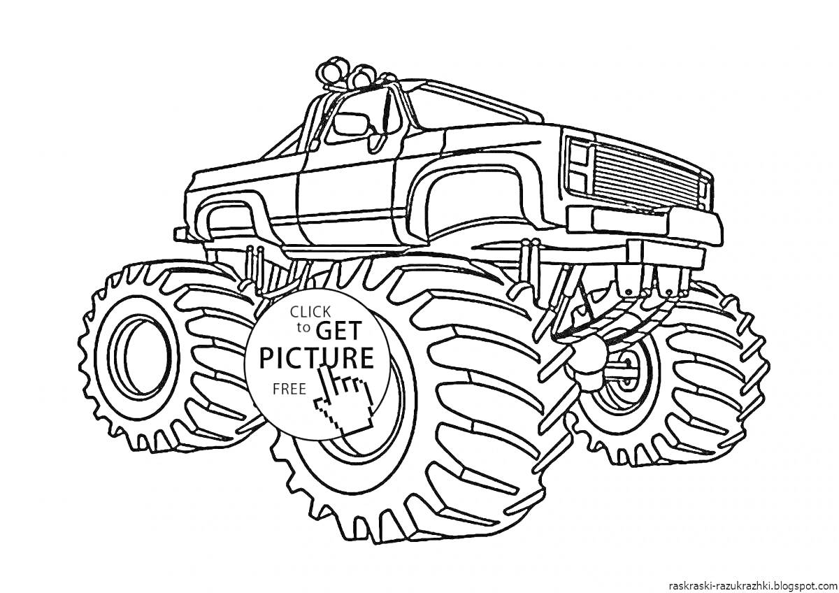 На раскраске изображено: Большие колеса, Для мальчиков, Внедорожник