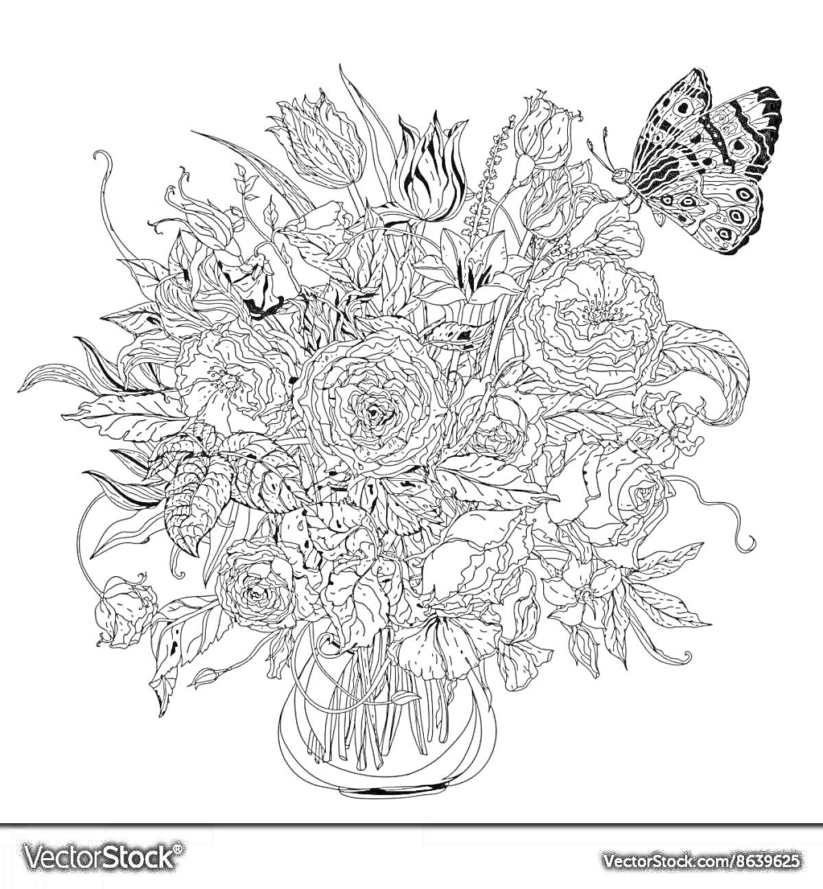 На раскраске изображено: Магия, Роскошь, Цветы, Бабочка, Ваза, Искусство, Ботанический