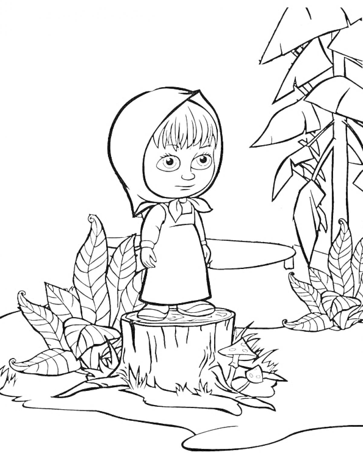 Раскраска Маша стоит на пеньке, листья на земле, деревья на заднем плане