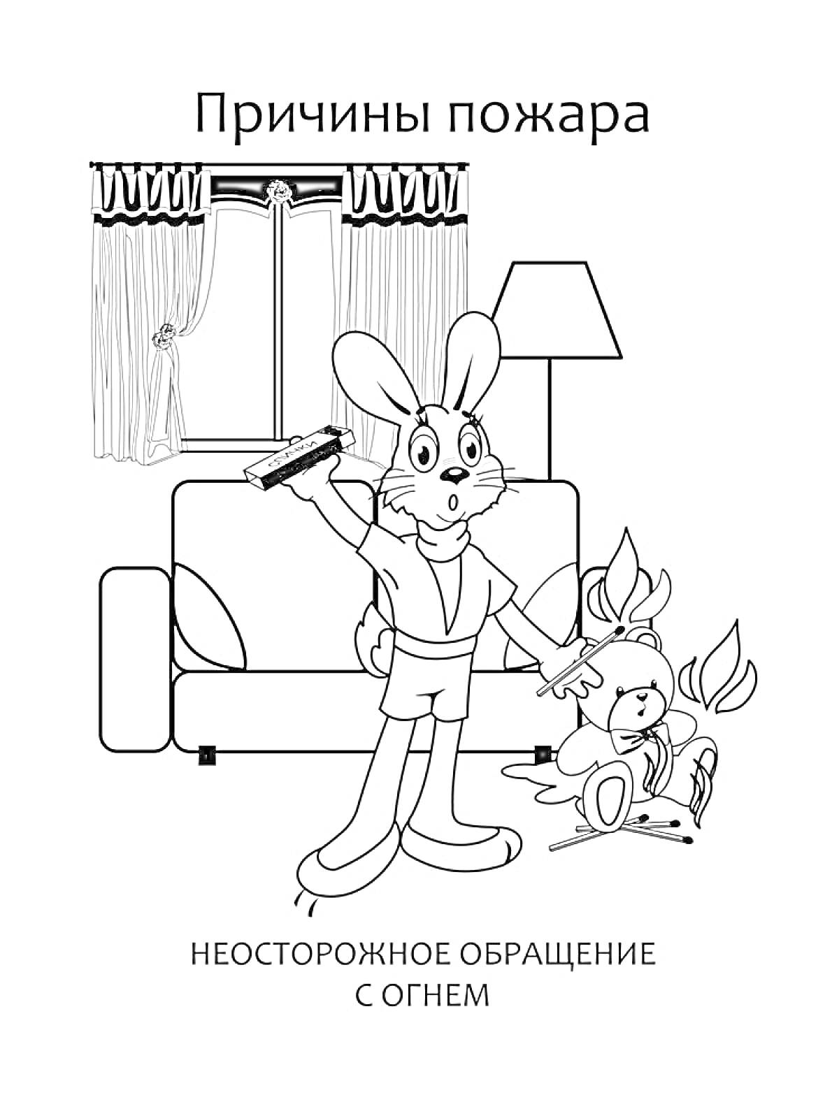 Раскраска Кролик с зажженной спичкой возле горящей игрушки в комнате