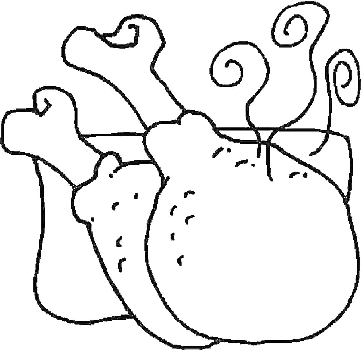 На раскраске изображено: Куриные ножки, Блюдо, Тарелка, Пар, Еда, Мясо, Курицы