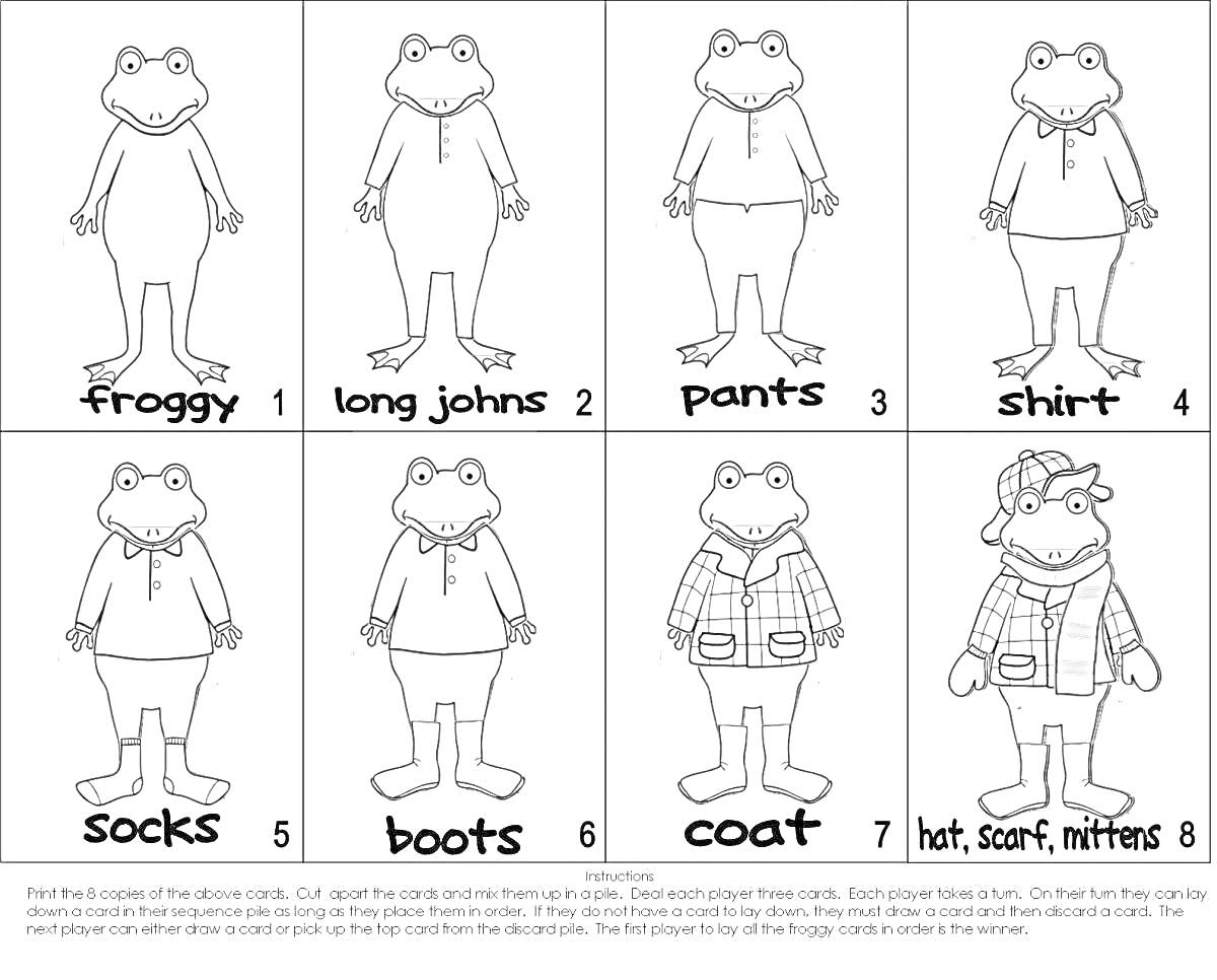 Раскраска Раскраска с фрогги в разной одежде: фрогги, нижняя одежда, штаны, рубашка, носки, ботинки, пальто, шапка шарф и варежки