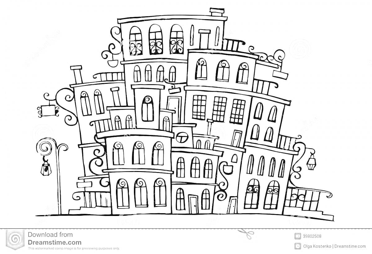На раскраске изображено: Здания, Уличные фонари, Архитектура, Городская среда, Контурные рисунки