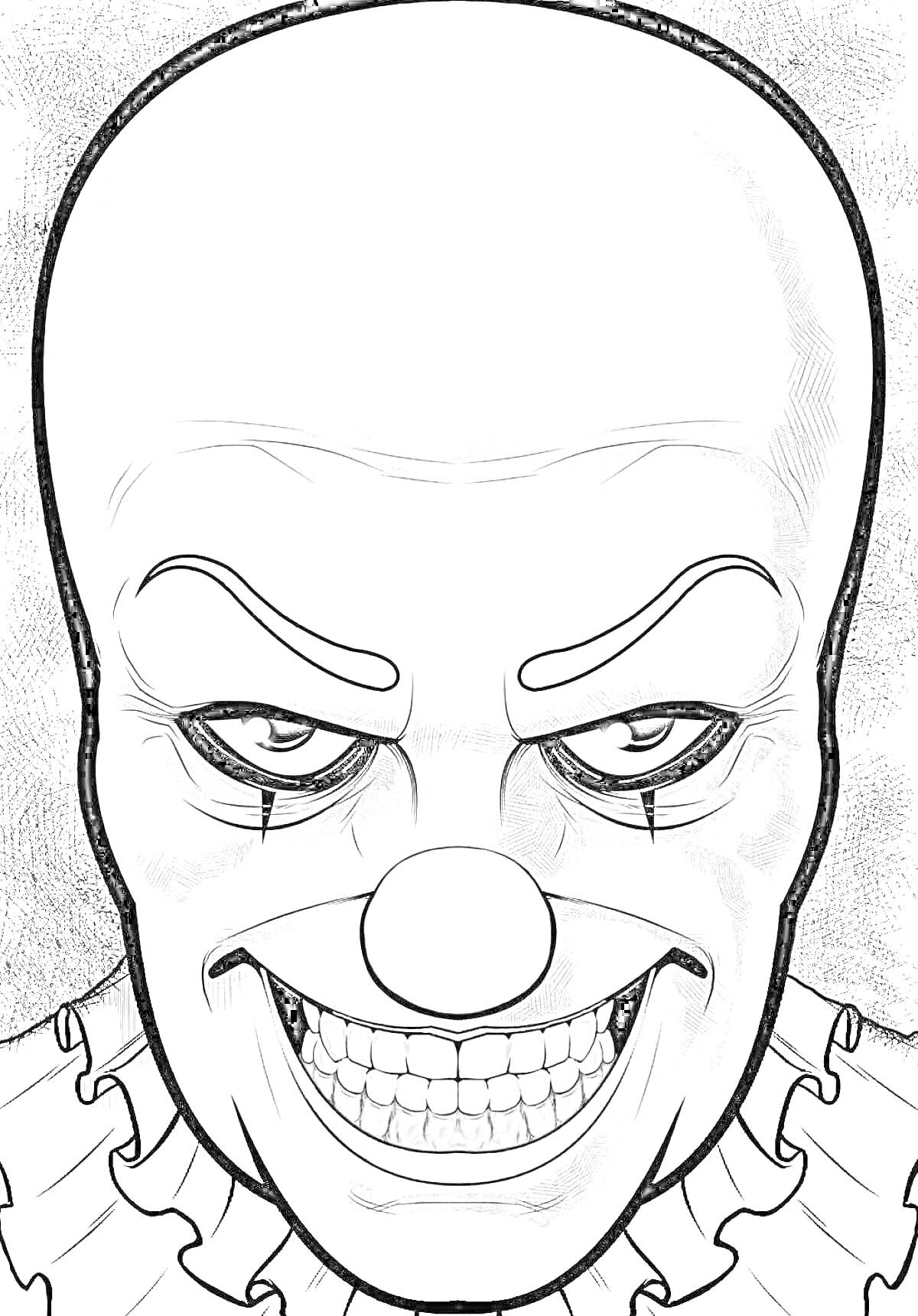 Злобный клоун с большой лысой головой, гримом и широким оскалом, в воротнике с оборками