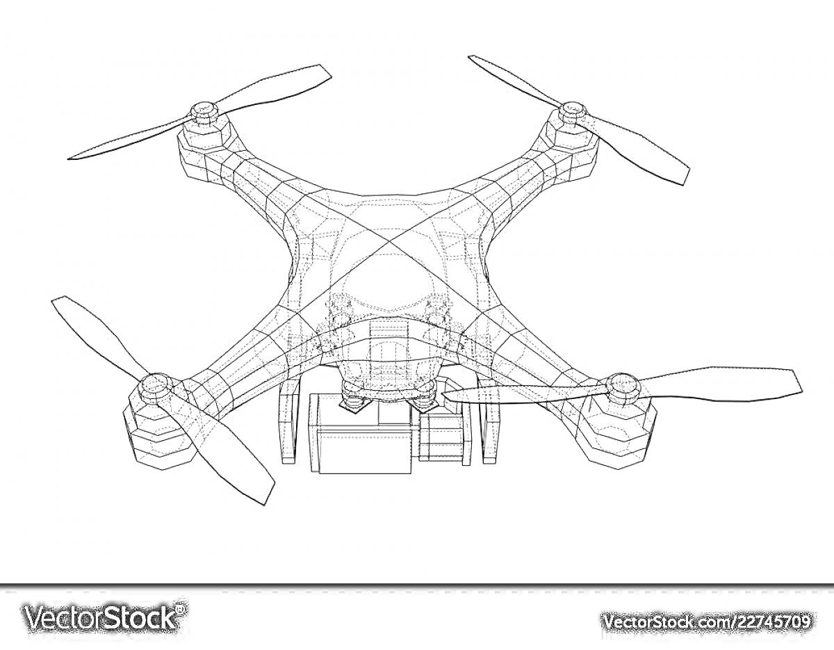 Раскраска Квадрокоптер с четырьмя пропеллерами и камерой