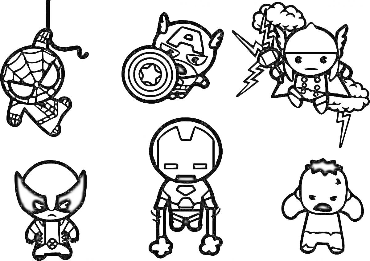 На раскраске изображено: Супергерои, Чиби, Человек-паук, Капитан Америка, Тор, Росомаха, Железный Человек, Халк, Комиксы